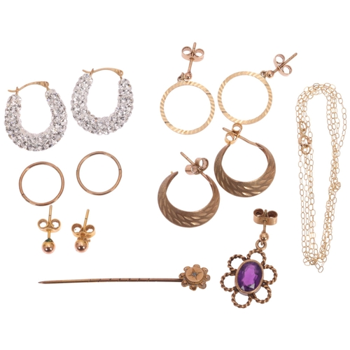 1507 - Various gold jewellery, including drop earrings, stickpin, etc, 9.8g gross