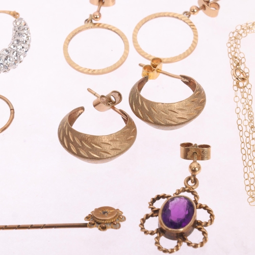 1507 - Various gold jewellery, including drop earrings, stickpin, etc, 9.8g gross