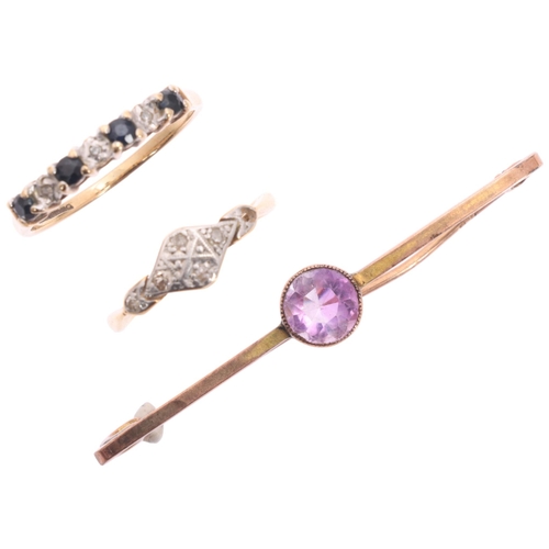 1516 - Various gold jewellery, comprising 18ct gold diamond panel ring, size I, 1.4g, 9ct gold sapphire and... 