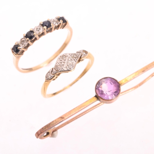 1516 - Various gold jewellery, comprising 18ct gold diamond panel ring, size I, 1.4g, 9ct gold sapphire and... 