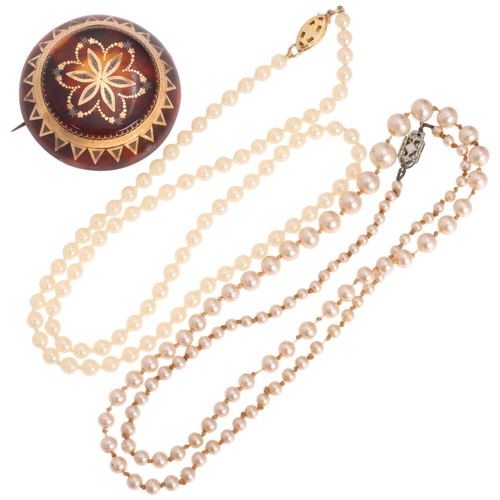 1693 - Various jewellery, including gold and silver inlaid tortoiseshell brooch, and faux pearl necklace wi... 