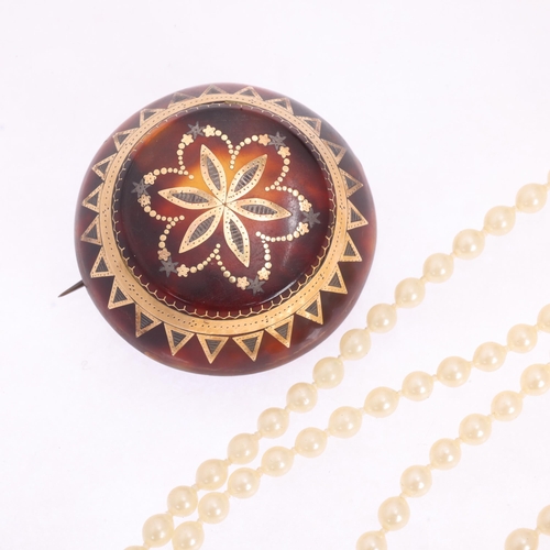 1693 - Various jewellery, including gold and silver inlaid tortoiseshell brooch, and faux pearl necklace wi... 