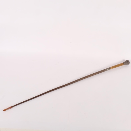 A Victorian silver-mounted woven leather riding crop, handle inscribed ...