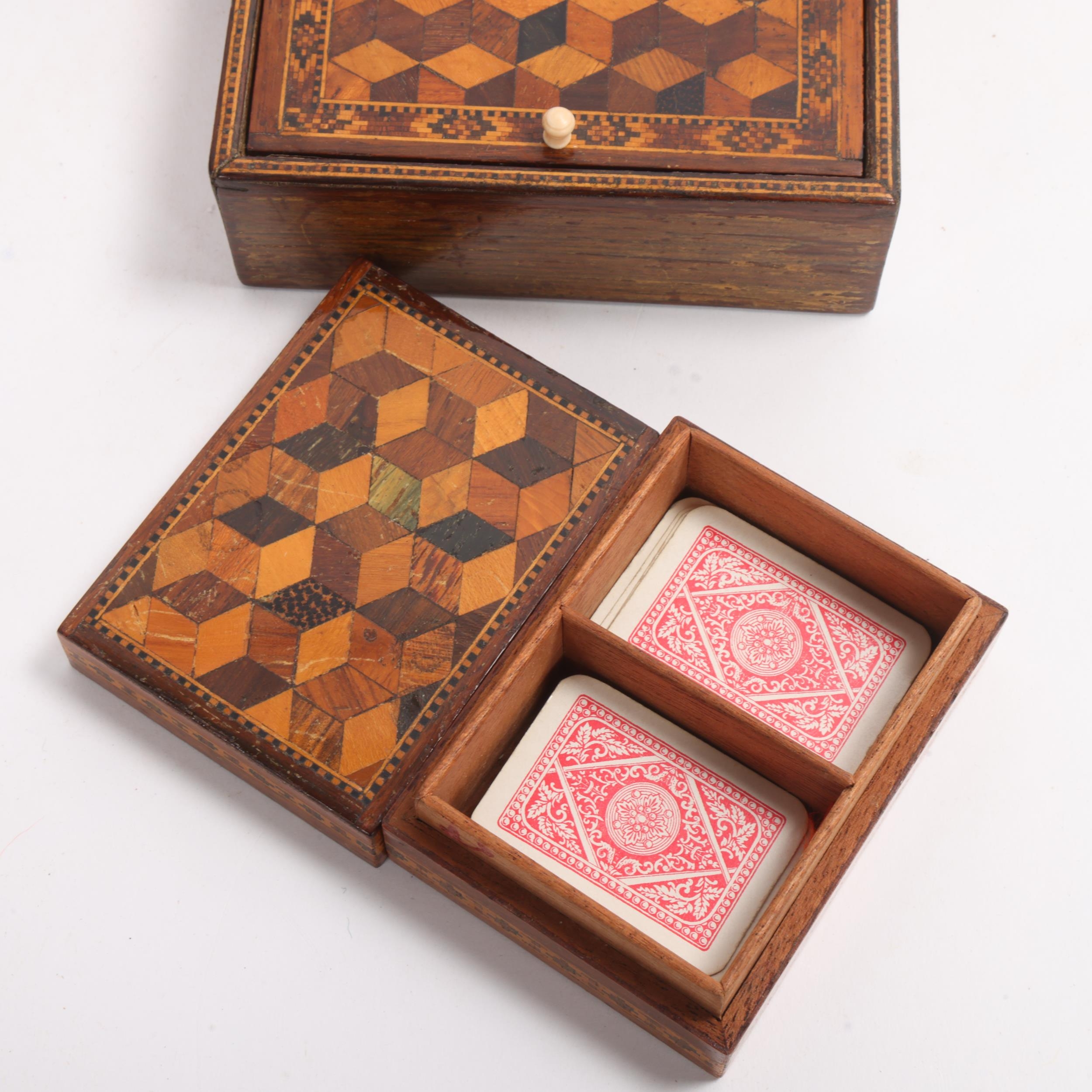 Tunbridge Ware, 3 x 19th century boxes with cube parquetry lids and ...