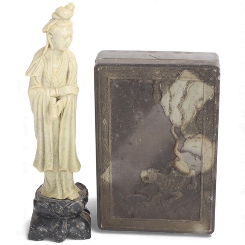 364 - A Chinese inkstone box and cover, with tiger design relief carved lid, 15cm x 10cm, and a carved soa... 
