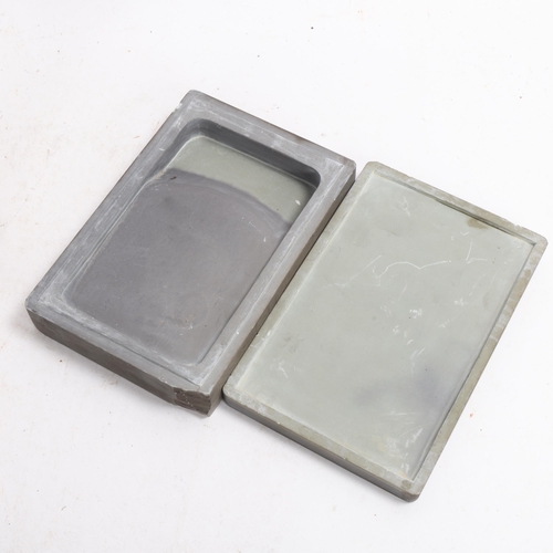 364 - A Chinese inkstone box and cover, with tiger design relief carved lid, 15cm x 10cm, and a carved soa... 