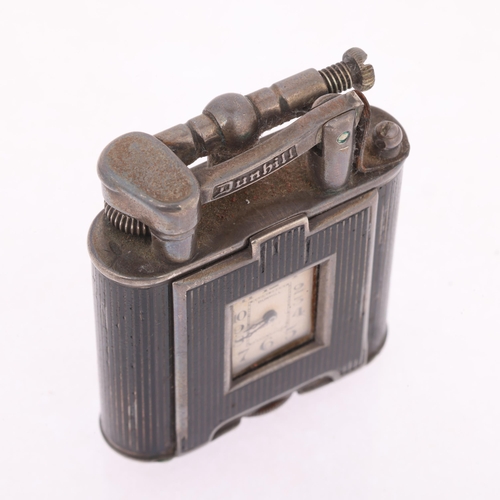 1030 - DUNHILL - an Art Deco silver and black enamel combination pocket lighter and watch, circa 1930, roun... 