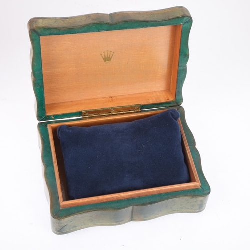 1049 - ROLEX - a Vintage gilded green leather watch box, circa 1940/1950, shaped rectangular form, with int... 