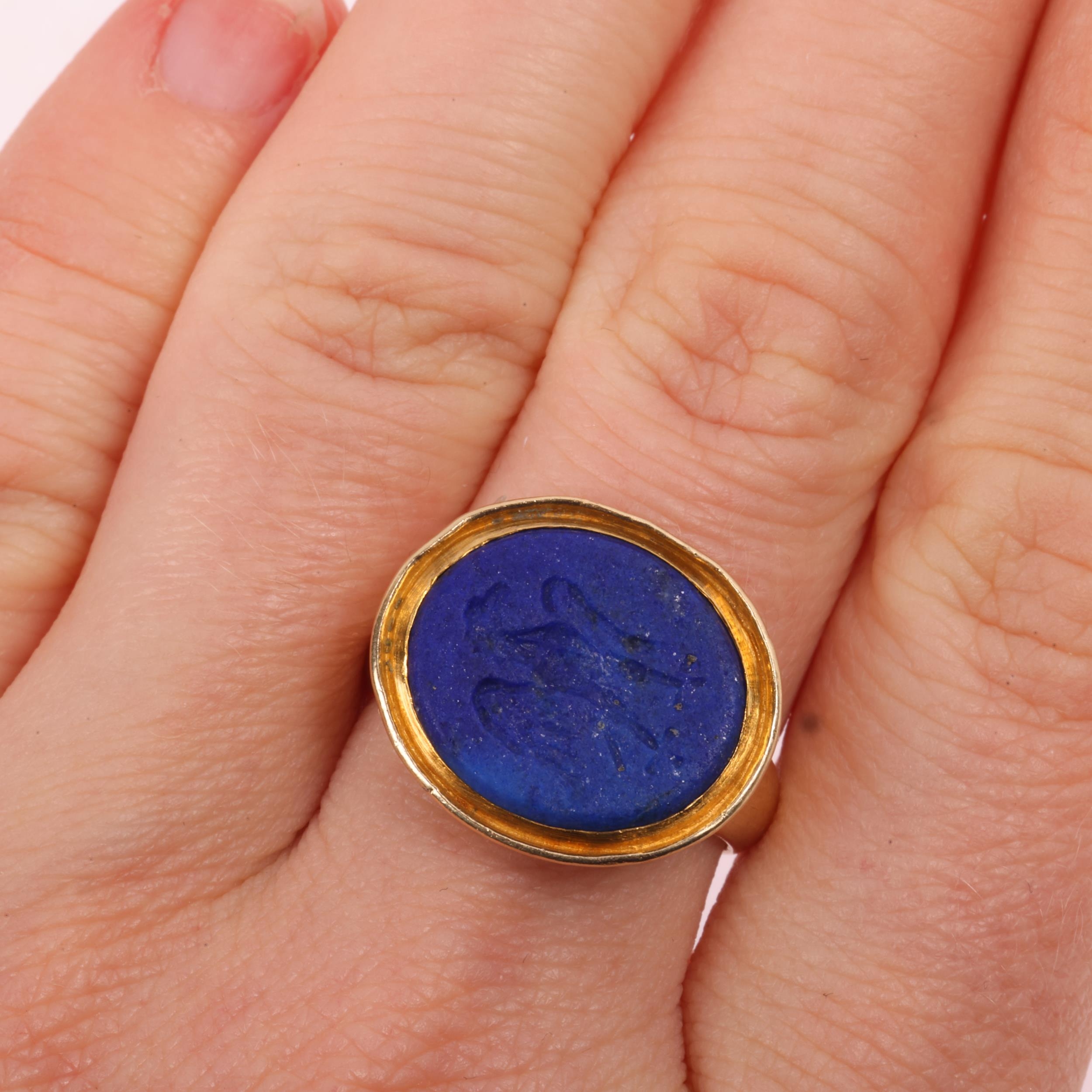 A 9ct gold lapis lazuli 'Eagle' seal signet ring, maker VN, London 2000 ...