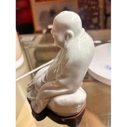 365 - A Chinese blanc de chine porcelain figure of Budai, on original fitted wood stand, height 14.5cm