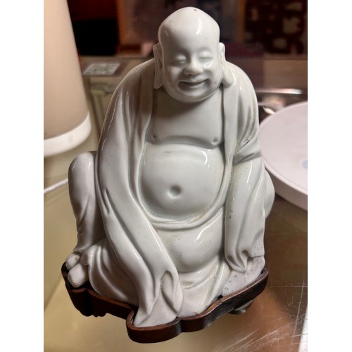 365 - A Chinese blanc de chine porcelain figure of Budai, on original fitted wood stand, height 14.5cm