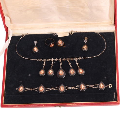 A cased Italian shell cameo demi-parure, teardrop-shaped tortoiseshell ...