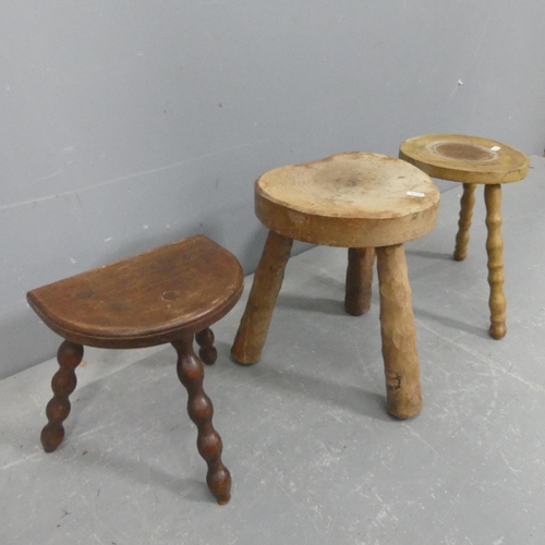 Three various rustic French stools. Tallest 36cm.