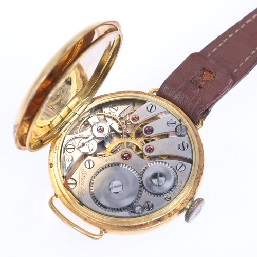 1011 - BUREN LUX - an 18ct gold Officer's style mechanical wristwatch head, circa 1920s, white enamel dial ... 
