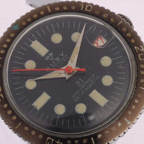 1012 - RUBY - a Vintage stainless steel De Luxe 21 mechanical Diver's wristwatch head, circa 1960s, black d... 