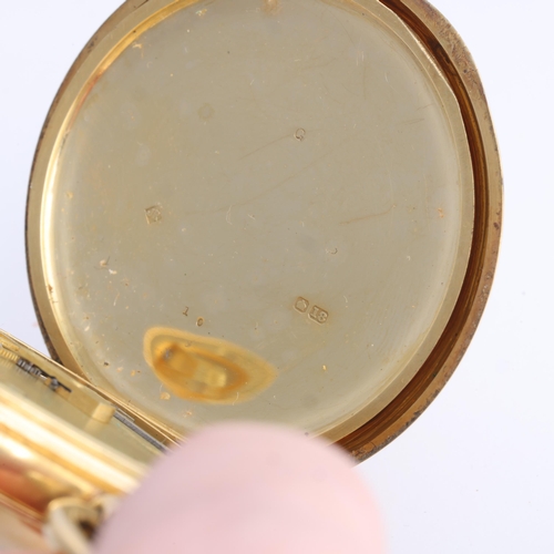 1046 - An early 20th century 18ct gold half hunter keyless pocket watch, white enamel dial with Roman numer... 