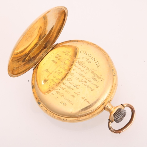 1048 - LONGINES - an early 20th century 18ct gold open-face keyless pocket watch, circa 1920, white enamel ... 
