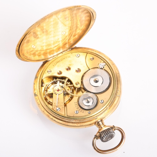 1048 - LONGINES - an early 20th century 18ct gold open-face keyless pocket watch, circa 1920, white enamel ... 