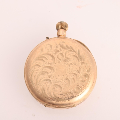 1051 - An early 20th century 9ct rose gold open-face keyless fob watch, gilt chased dial with black Roman n... 