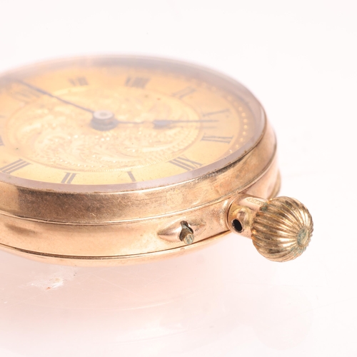 1051 - An early 20th century 9ct rose gold open-face keyless fob watch, gilt chased dial with black Roman n... 