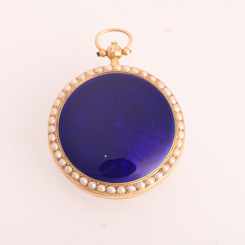 1052 - An early 19th century 18ct gold open-face key-wind fob watch, white enamel dial with gilt engine tur... 