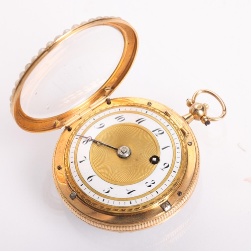 1052 - An early 19th century 18ct gold open-face key-wind fob watch, white enamel dial with gilt engine tur... 