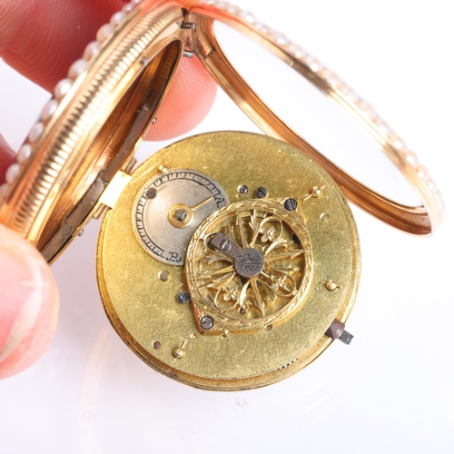 1052 - An early 19th century 18ct gold open-face key-wind fob watch, white enamel dial with gilt engine tur... 