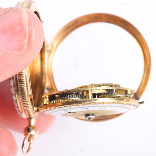 1052 - An early 19th century 18ct gold open-face key-wind fob watch, white enamel dial with gilt engine tur... 