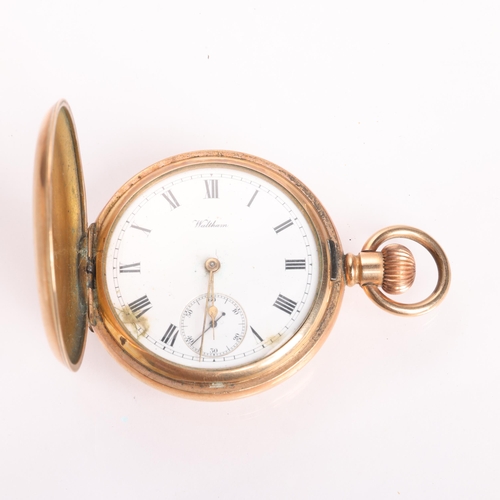 1057 - WALTHAM - an early 20th century gold plated full hunter keyless pocket watch, white enamel dial with... 