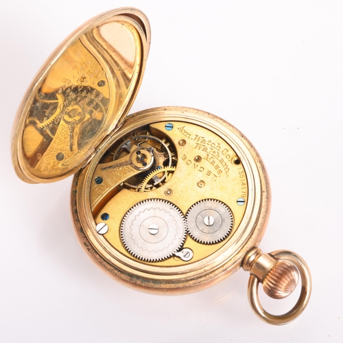 1057 - WALTHAM - an early 20th century gold plated full hunter keyless pocket watch, white enamel dial with... 