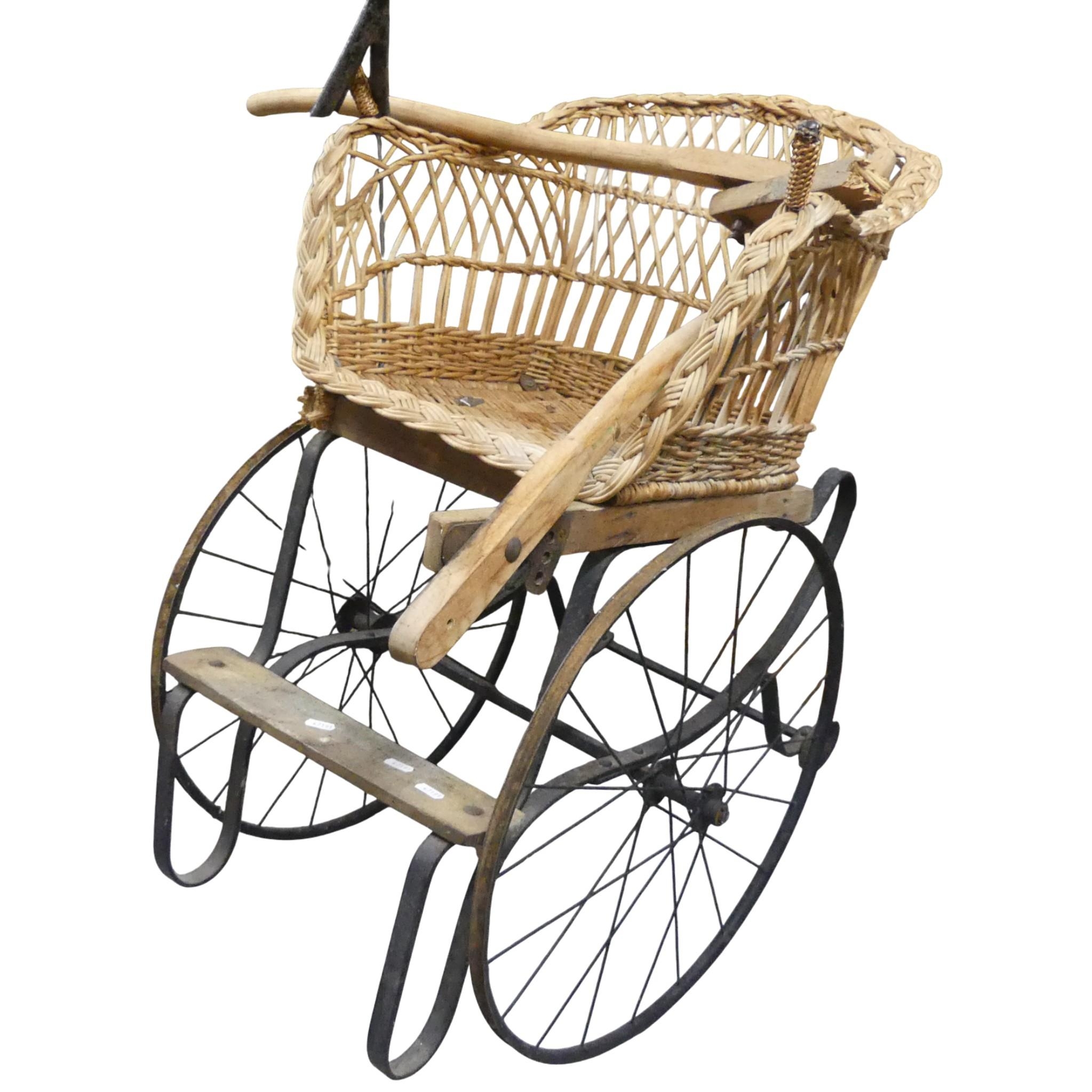 A vintage French Rickshaw / hand cart, with wicker seat and metal frame ...