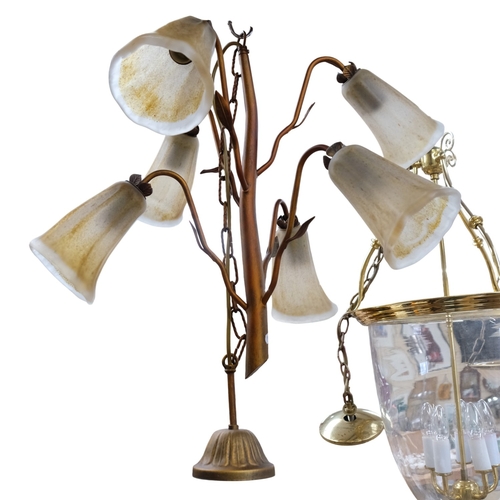 261 - A mid-century Continental design 5-branch hanging electric candelabra, with Murano style mottled gla... 