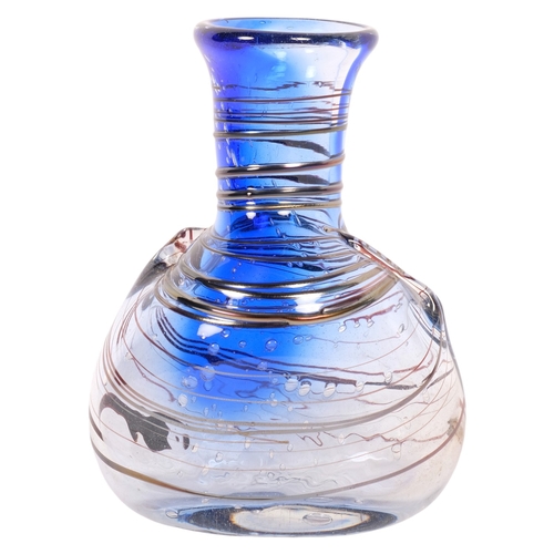 263 - Peter Layton, a blue to grey bubble art glass bottle-neck vase, with black to gold spiralled decorat... 