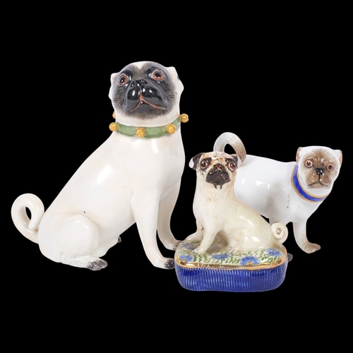 265 - 2 Meissen Pugs and another similar (A/F), each with crossed sword emblem to the underside, tallest 1... 