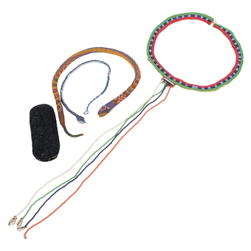 267 - A selection of Vintage African beaded ware, including a necklace, snakes, purse, etc