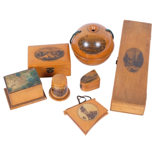 284 - A collection of Mauchline Ware boxes, 19th century and later, including pin dishes, stationery box, ... 