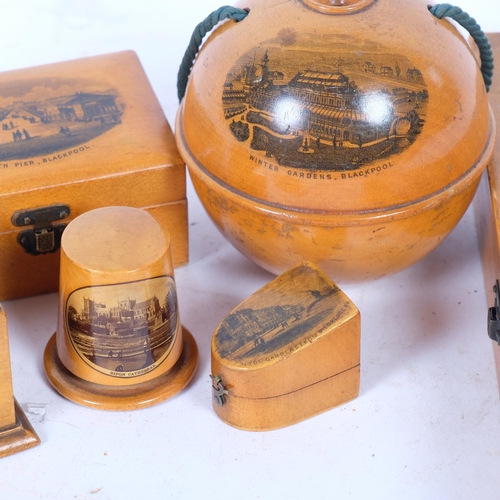 284 - A collection of Mauchline Ware boxes, 19th century and later, including pin dishes, stationery box, ... 