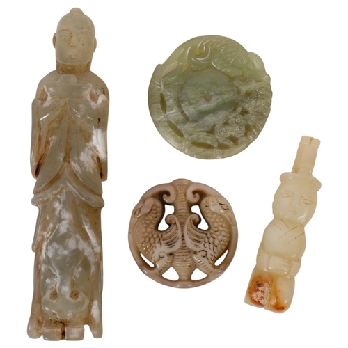 293 - A carved white jade pendant featuring a pair of entwined phoenixes, a jadeite circular pendant, a ca... 
