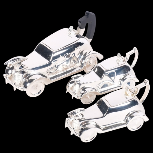 An unusual silver plated 3-piece tea set, in the form of Vintage motor cars