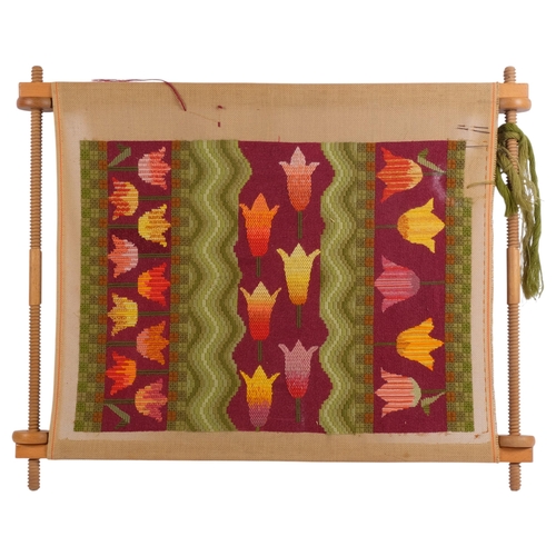 A 1970s wool-work panel on loom stretcher, loom W60cm, loom H75cm