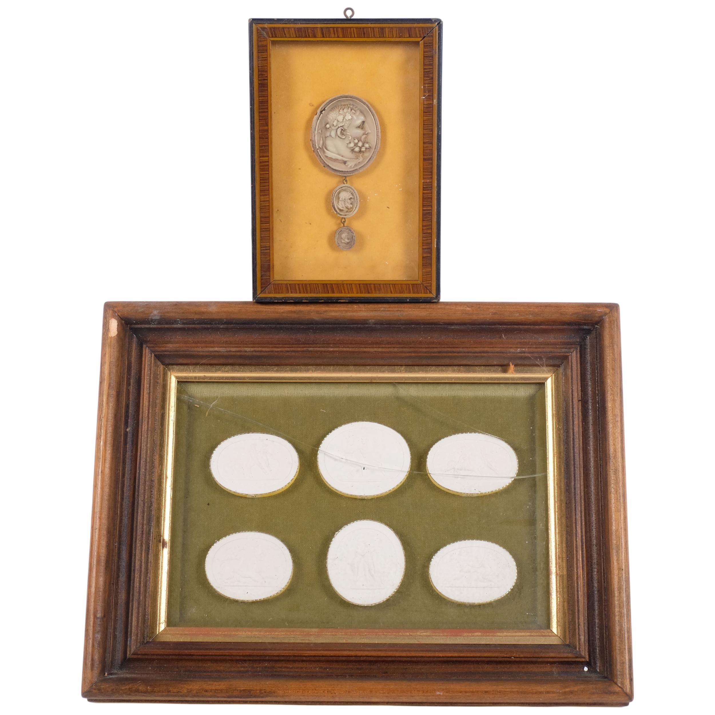 A cased set of 6 Grand Tour style intaglios, and another smaller cased ...