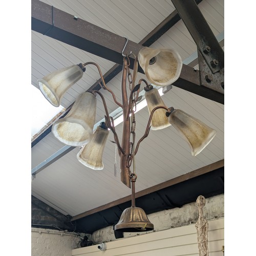 261 - A mid-century Continental design 5-branch hanging electric candelabra, with Murano style mottled gla... 