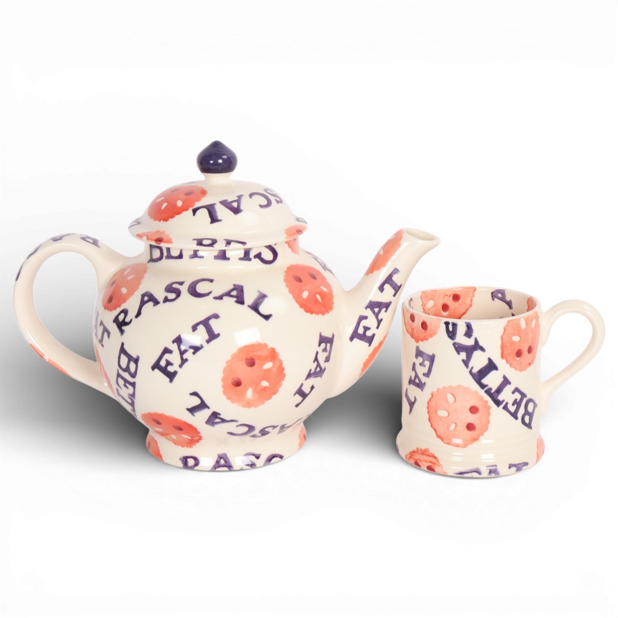 EMMA BRIDGEWATER, a Fat Rascal pattern teapot with mug, makers marks to ...