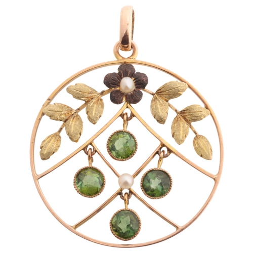 224 - An Art Nouveau 9ct gold green tourmaline and pearl openwork pendant, Gourdel, Vales & Co, circa 1905... 