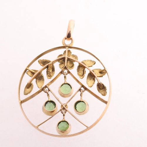 224 - An Art Nouveau 9ct gold green tourmaline and pearl openwork pendant, Gourdel, Vales & Co, circa 1905... 