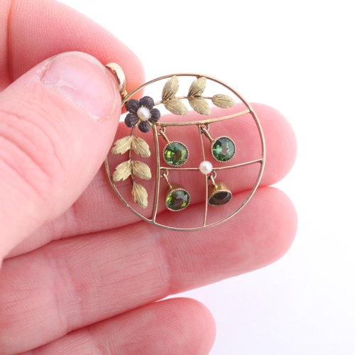 224 - An Art Nouveau 9ct gold green tourmaline and pearl openwork pendant, Gourdel, Vales & Co, circa 1905... 