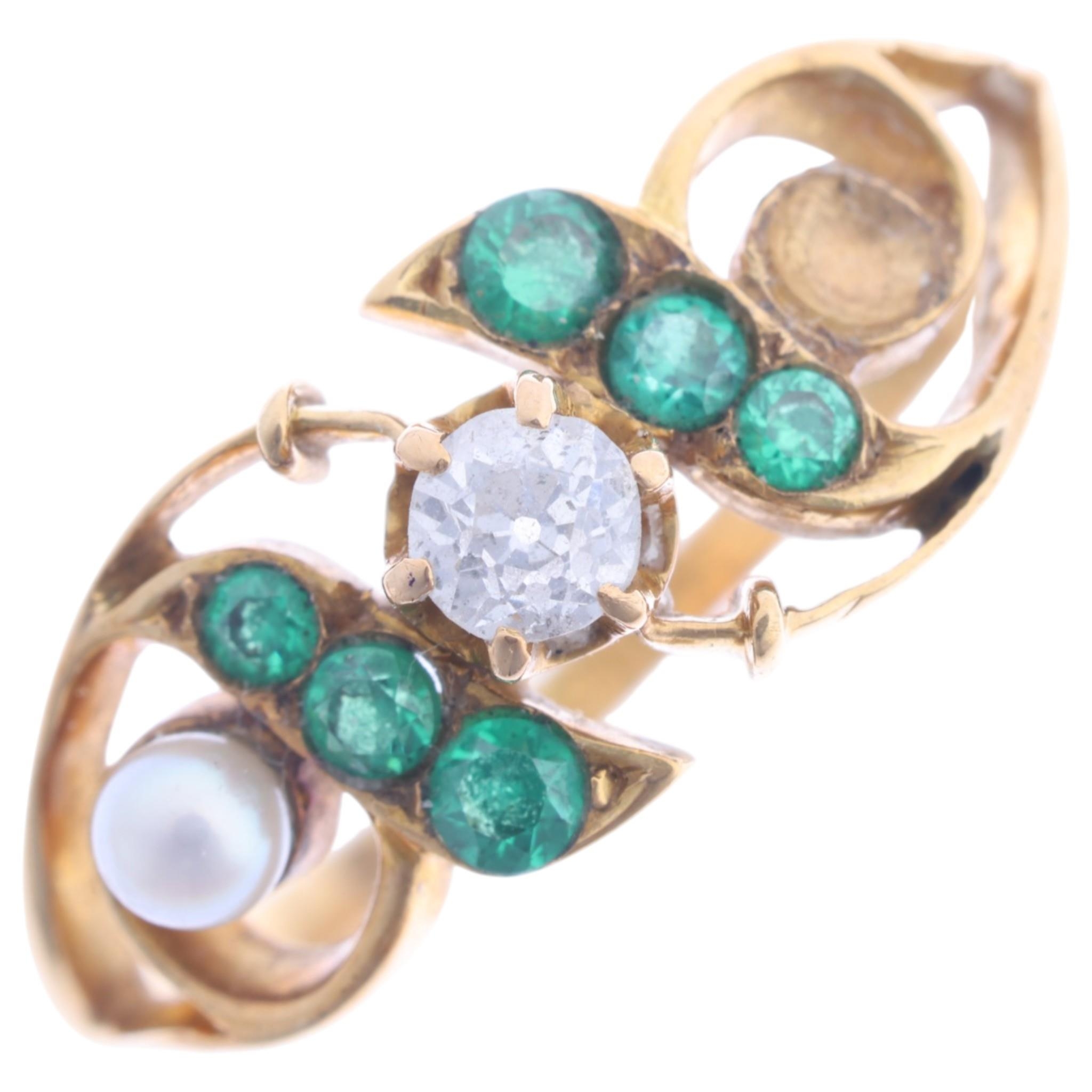 An Antique 18ct gold green garnet pearl and diamond openwork ring ...