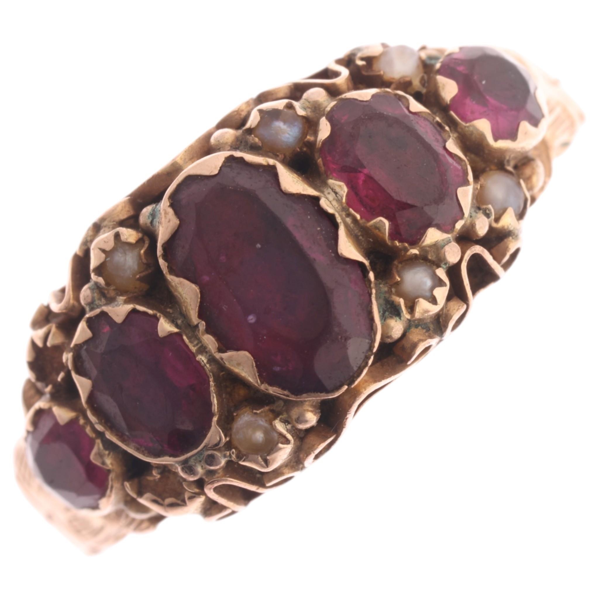 An Antique 9ct gold five stone garnet half hoop ring, maker JW ...
