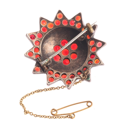 345 - An Antique Victorian Bohemian garnet flowerhead brooch, set with round flat top and rose-cut garnets... 