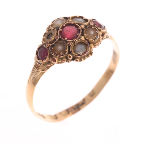 346 - An Antique Victorian 12.5ct gold garnet and split pearl cluster ring, maker JBR, Birmingham 1870, se... 